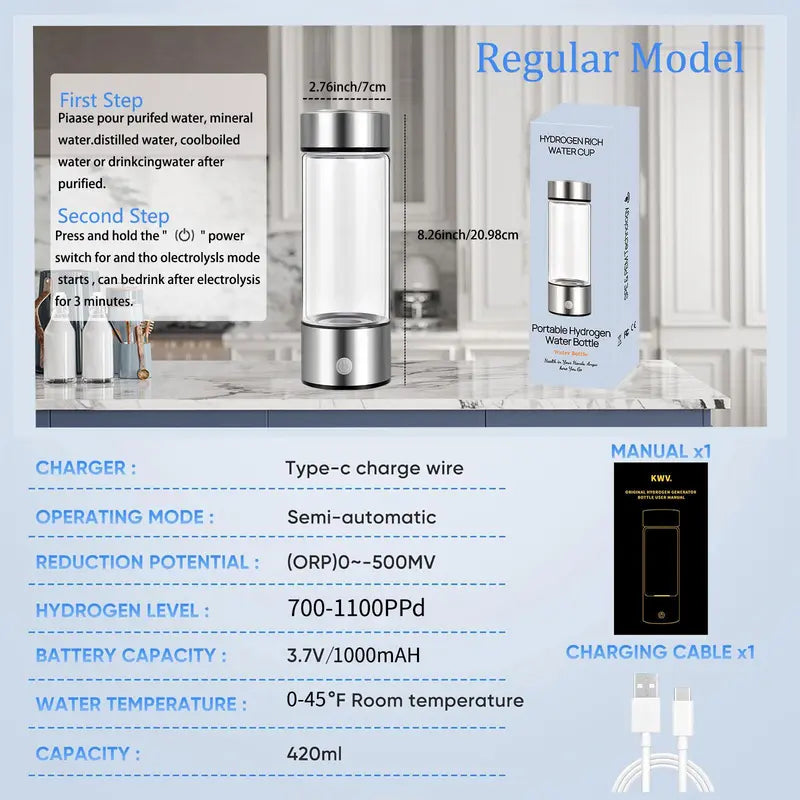 Portable Hydrogen Rich Water Bottle - SPE/PEM Technology Rechargeable Hydrogen Water Generator